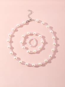 1pc Teen Beaded Necklace, 1pc Bracelet, 1pc Ring Set - White - View 4