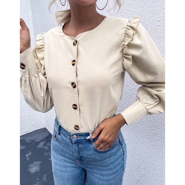 

Solid Button Up Ruffle Trim Bishop Sleeve Blouse, Khaki