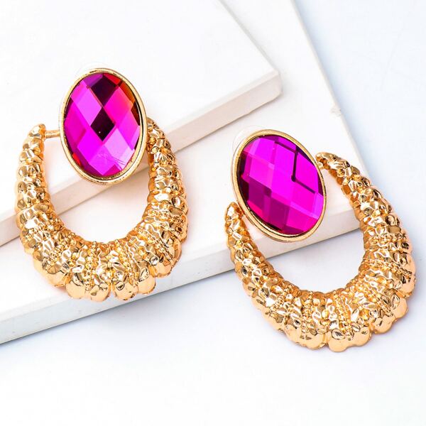 

Oval Gemstone Decor Textured Metal Earrings, Multicolor