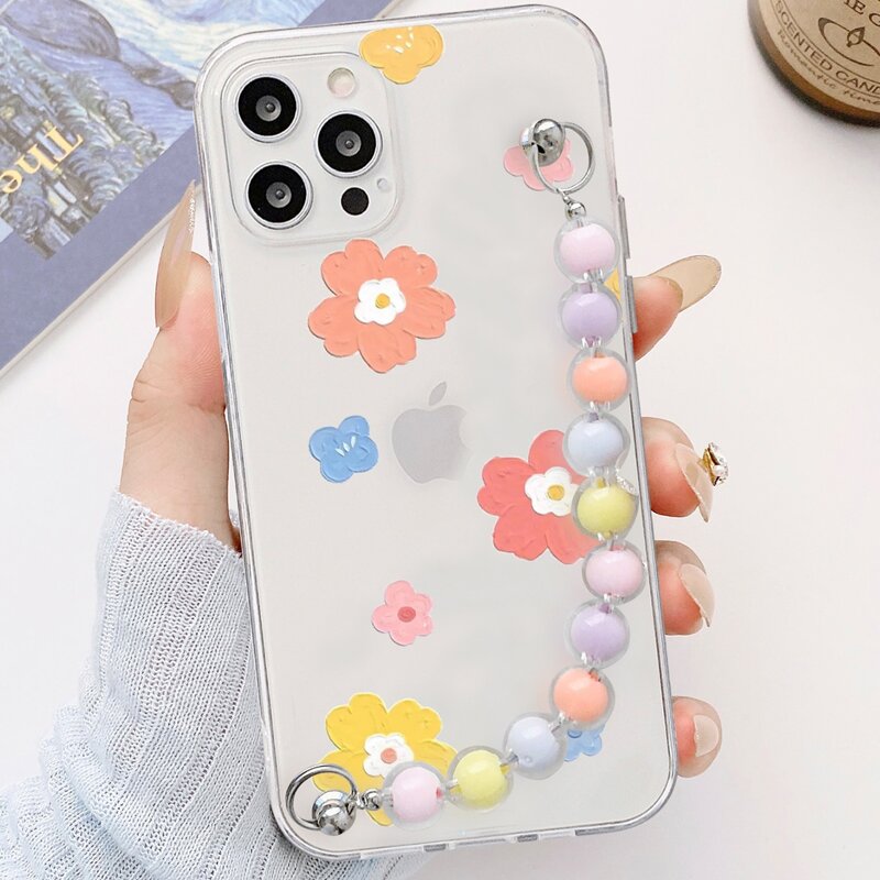 

Flower Pattern Clear Phone Case With Hand Strap, Multicolor