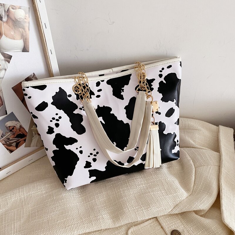 

Cow Print Tote Bag, Black and white
