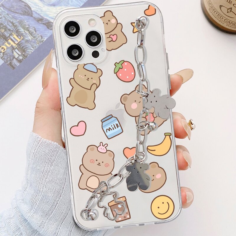 

Cartoon Bear Phone Case With Chain Hand Strap, Multicolor