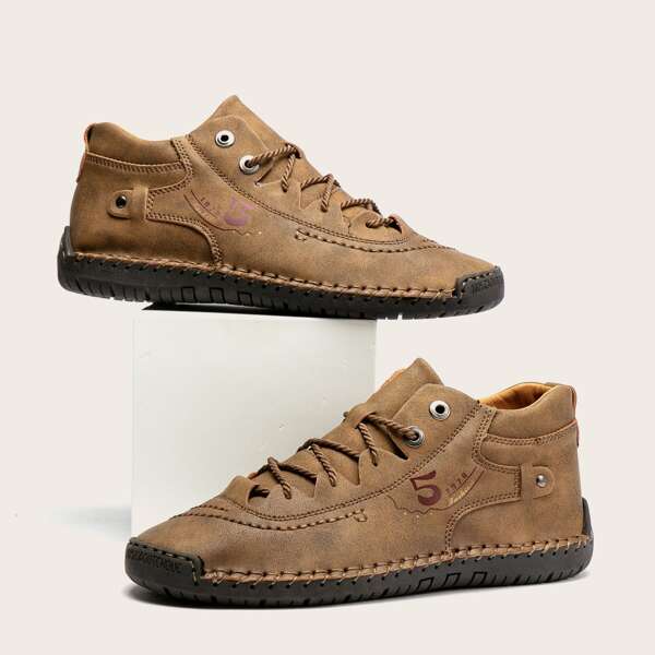 

Men Letter Graphic Lace-up Boots, Khaki
