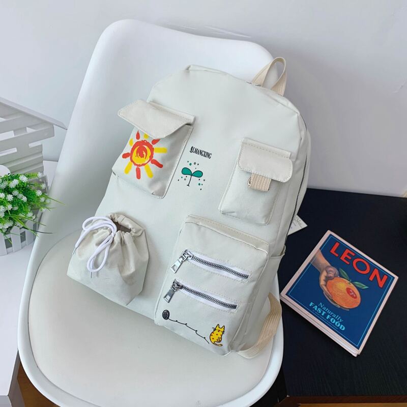 

Cartoon Graphic Pocket Front Backpack, Beige
