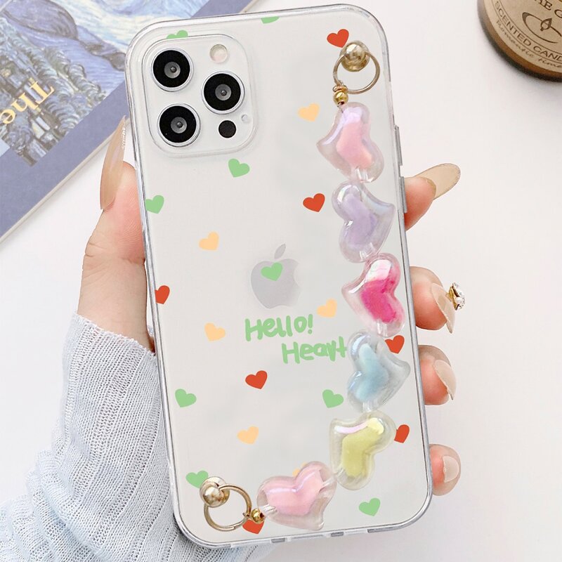 

Heart Pattern Clear Phone Case With Hand Strap, Multicolor