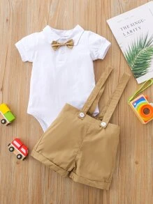 Baby Boy Bow Tie Polo Neck Bodysuit With Suspender Shorts - Multicolor - View 1