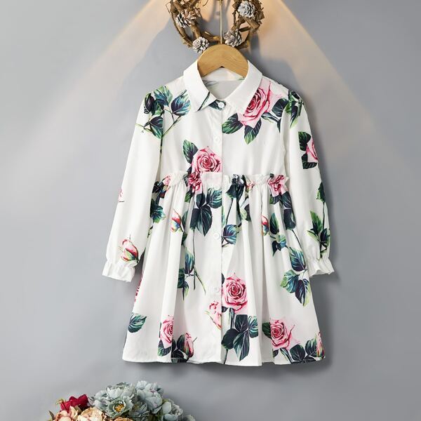 

Toddler Girls Floral Print Ruffle Trim Shirt Dress, White