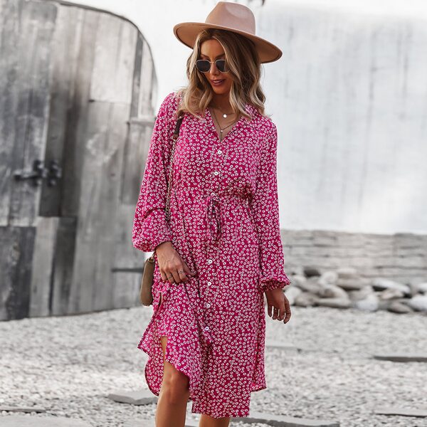 

Ditsy Floral Drawstring Waist Bishop Sleeve Shirt Dress, Hot pink
