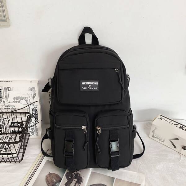 

Men Patch & Buckle Decor Backpack, Black