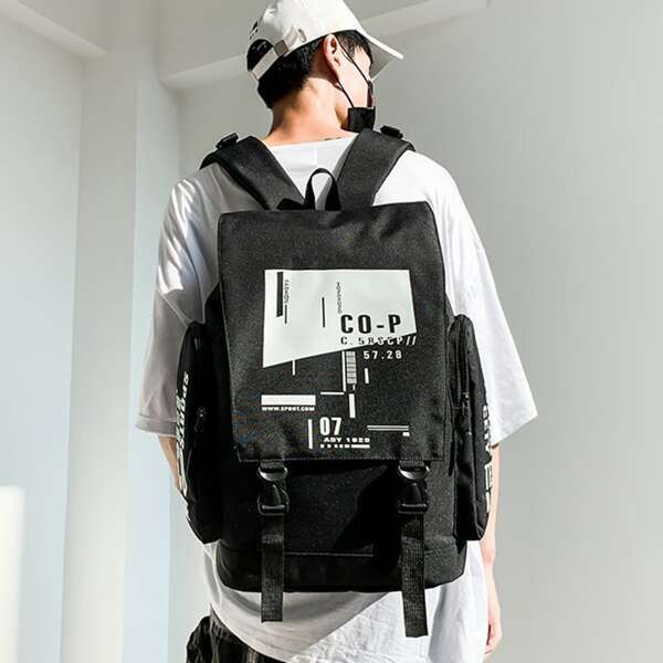 

Men Letter Graphic Buckle Decor Backpack, Black