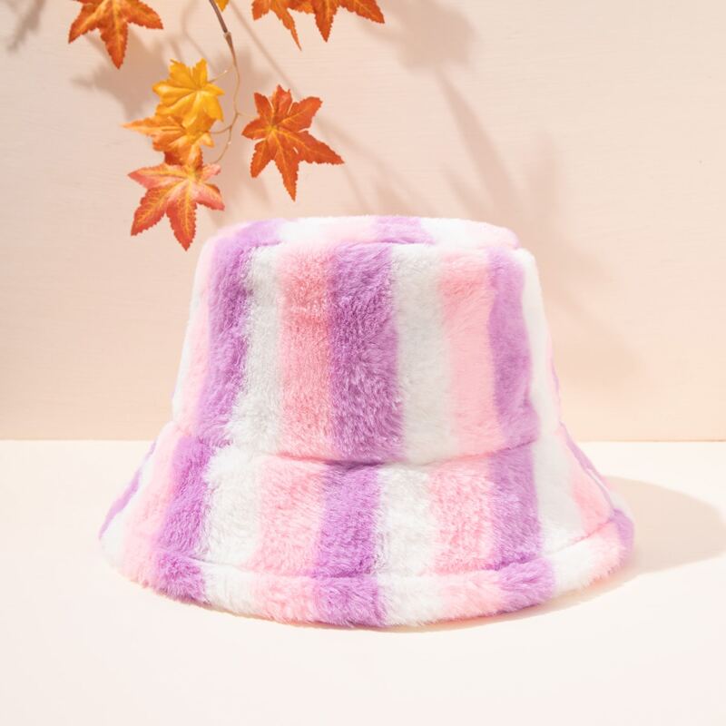 

Fluffy Rainbow Stripe Bucket Hat, Pink