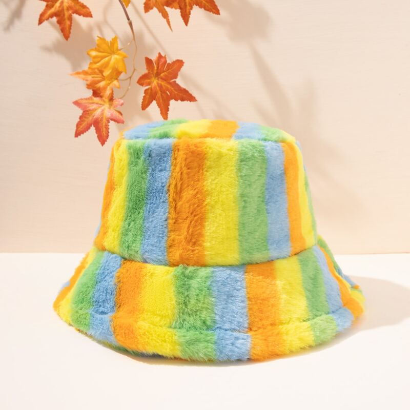 

Fluffy Rainbow Stripe Bucket Hat, Yellow