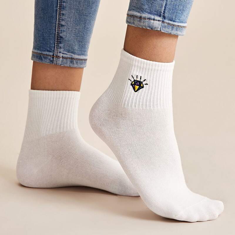

Graphic Embroidery Crew Socks, White