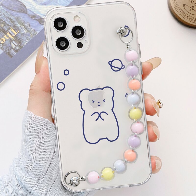 

Cartoon Bear Phone Case With Beaded Hand Strap, Multicolor