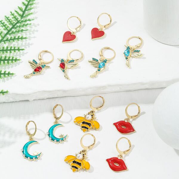 

6pairs Moon & Bee Drop Earrings, Multicolor