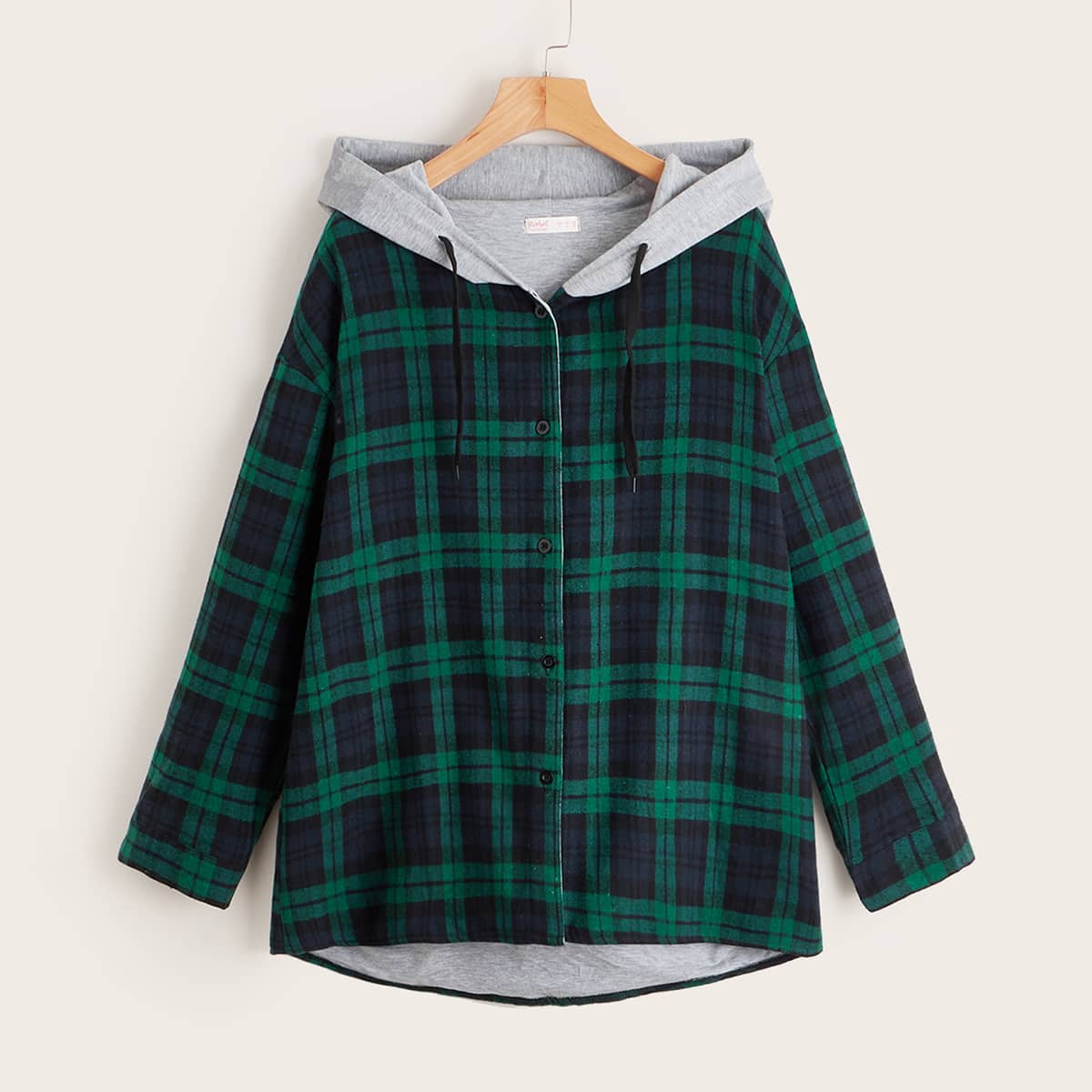 

Plaid Button Front Drawstring Hooded Overshirt, Multicolor
