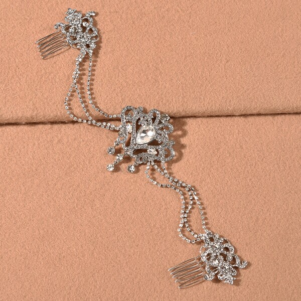 

Rhinestone Decor Hair Clip With Chain, Silver