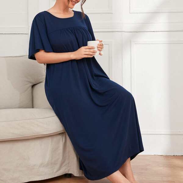 

Plus Solid Butterfly Sleeve Night Dress, Navy blue