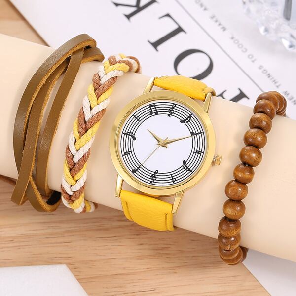 

1pc Music Note Dial Quartz Watch & 3pcs Bracelet