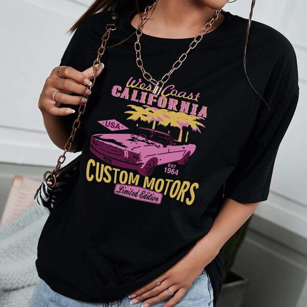 

Car & Letter Graphic Drop Shoulder Longline Tee, Black
