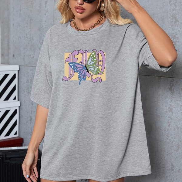 

Butterfly Print Drop Shoulder Longline Tee, Grey