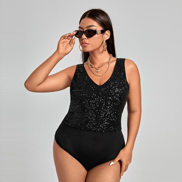 

Plus Contrast Mesh Sequins Bodysuit, Black