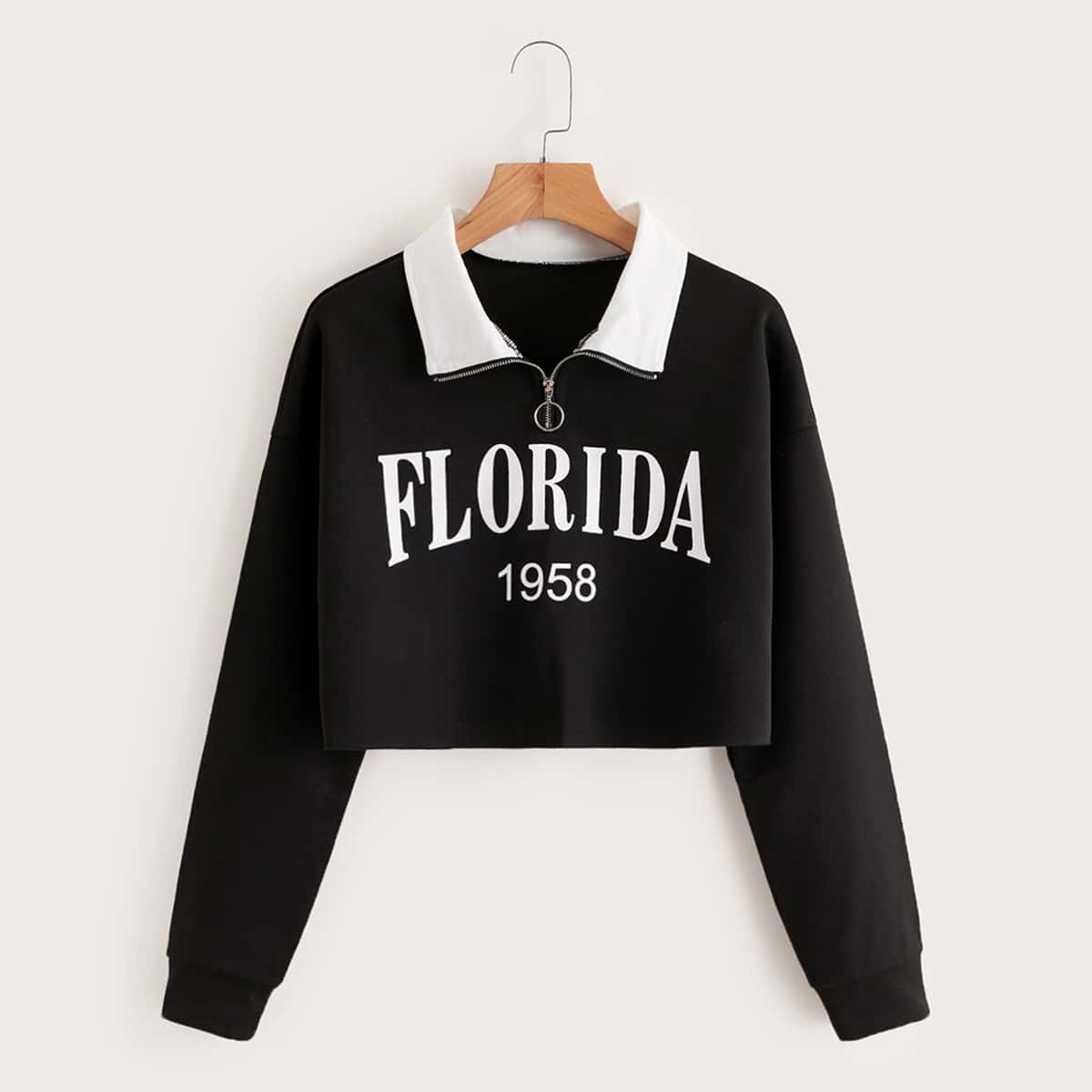 

Letter Contrast Collar Zip Crop Sweatshirt, Black