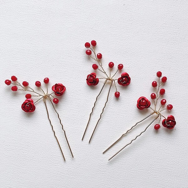 

3pcs Flower Decor Hair Clip, Red