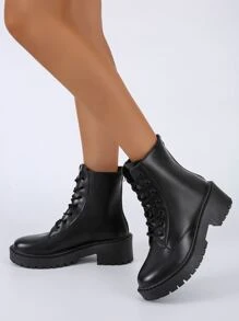 女款黑色時尚靴子，簡約繫帶，正面戰鬥設計 - 黑色 - 查看 5