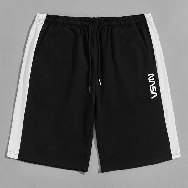 

Men Letter Graphic Drawstring Track Shorts, Black