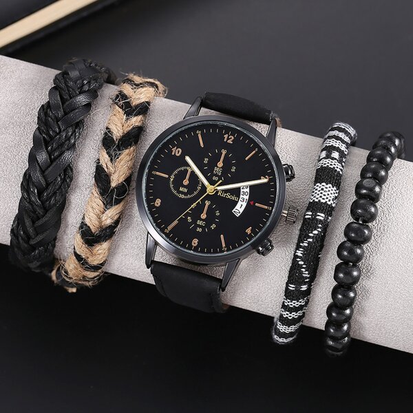 

1pc Men Triple Dial Date Quartz Watch & 4pcs Bracelet