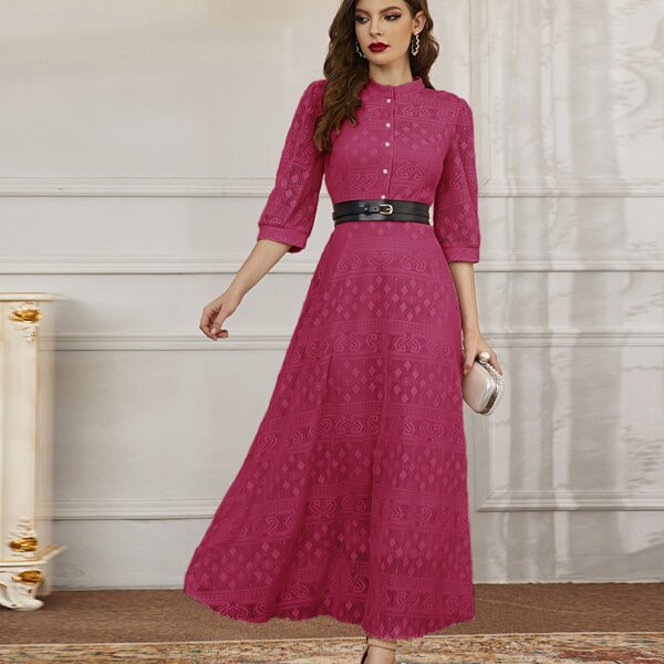 

Solid Button Front Belted Shirt Dress, Hot pink