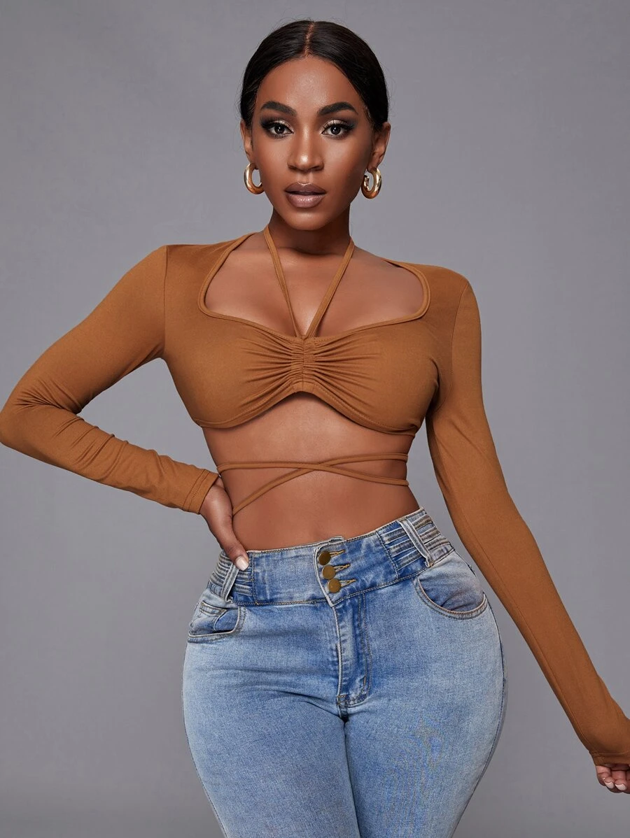 SHEIN Slayr Tie Back Crop Tee - Brown - View 1