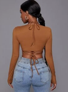SHEIN Slayr Tie Back Crop Tee - Brown - View 2