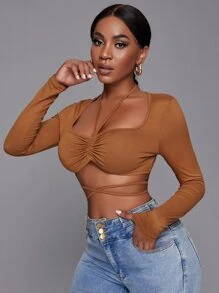 SHEIN Slayr Tie Back Crop Tee - Brown - View 4