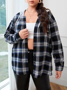Flirla 大碼格紋抽繩連帽襯衫 - 彩色 - 查看 4