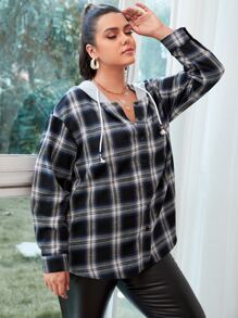 Flirla 大碼格紋抽繩連帽襯衫 - 彩色 - 查看 5