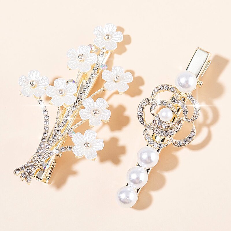 

2pcs Rhinestone & Faux Pearl Decor Hair Clip, Gold