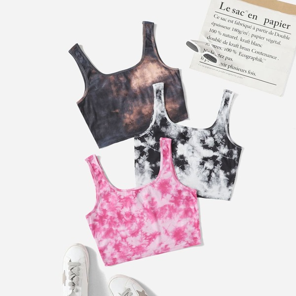 

3pcs Tie Dye Crop Tank Top, Multicolor