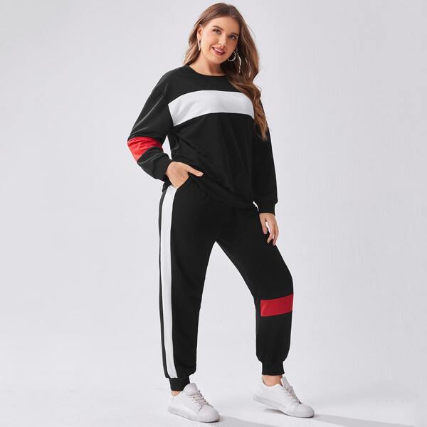

Plus Color Block Drop Shoulder Pullover & Contrast Side Seam Sweatpants, Black