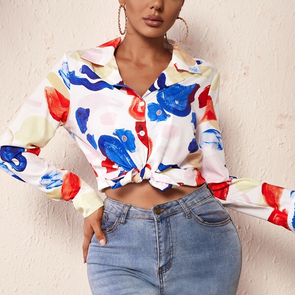 

Graphic Button Front Blouse, Multicolor