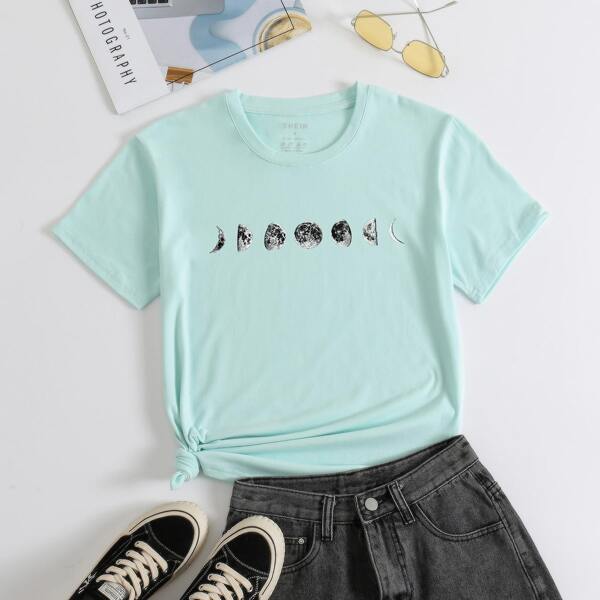 

Moon Print Crew Neck Tee, Mint green