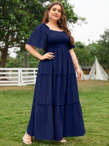 Modelyn Plus Size 1pc Butterfly Sleeve Shirred Dress - Navy Blue - View 1