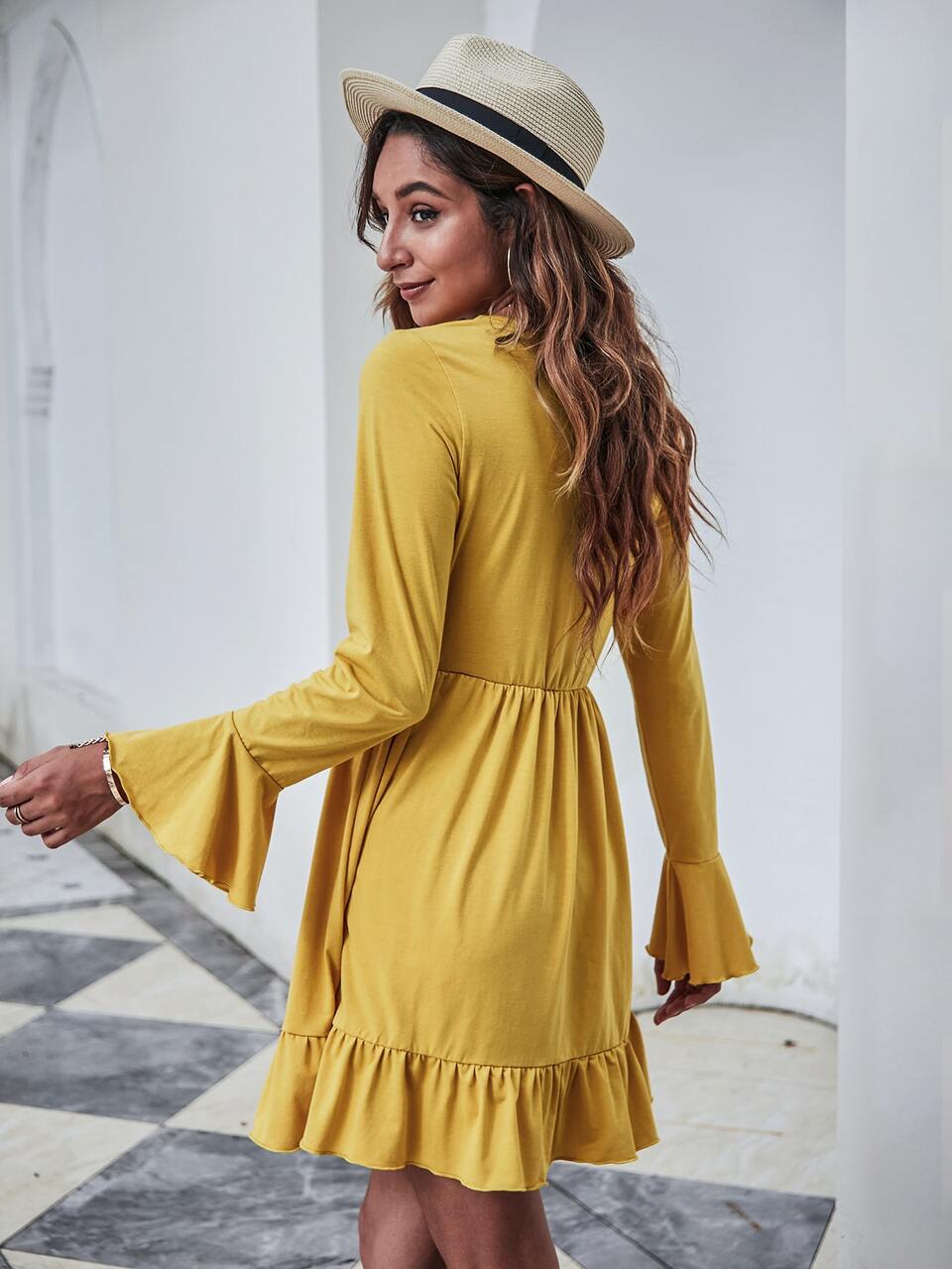 Solid Flounce Sleeve Ruffle Hem Dress