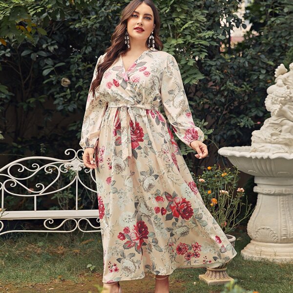 

Plus Large Floral Print Maxi Belted Dress, Multicolor