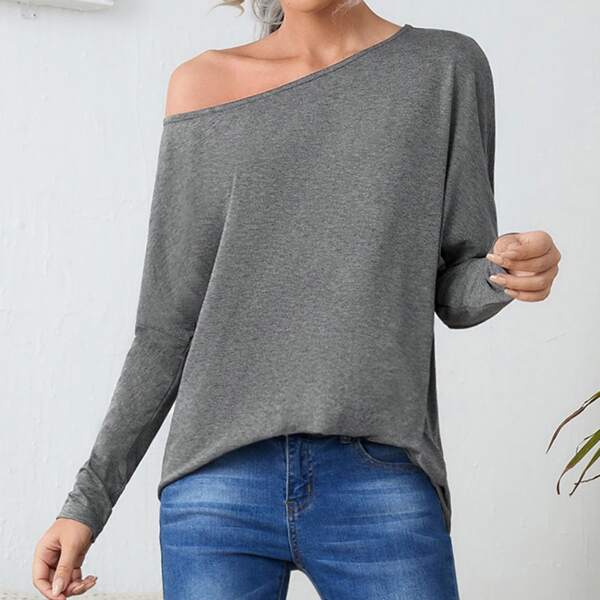 

Asymmetrical Neck Batwing Sleeve Tee, Grey