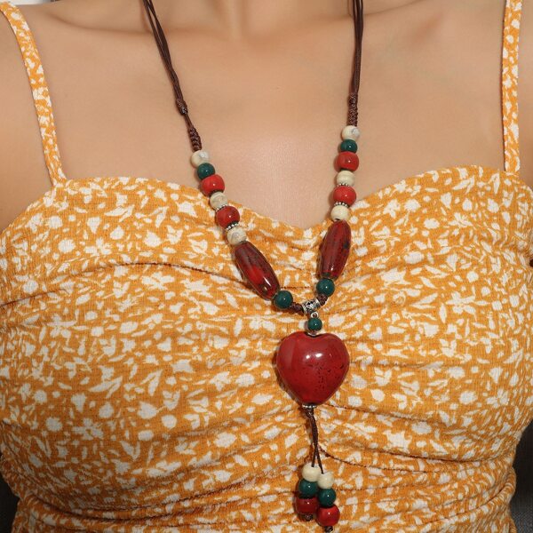 

Heart Decor Ceramic Necklace, Red