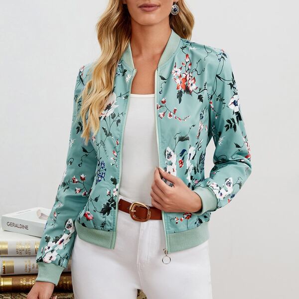 

Floral Print Zip Up Bomber Jacket, Mint blue