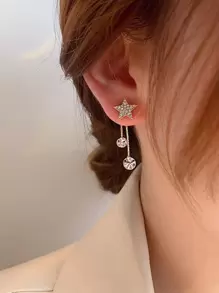 Star Detail Cubic Zirconia Drop Earrings - Yellow Gold - View 1