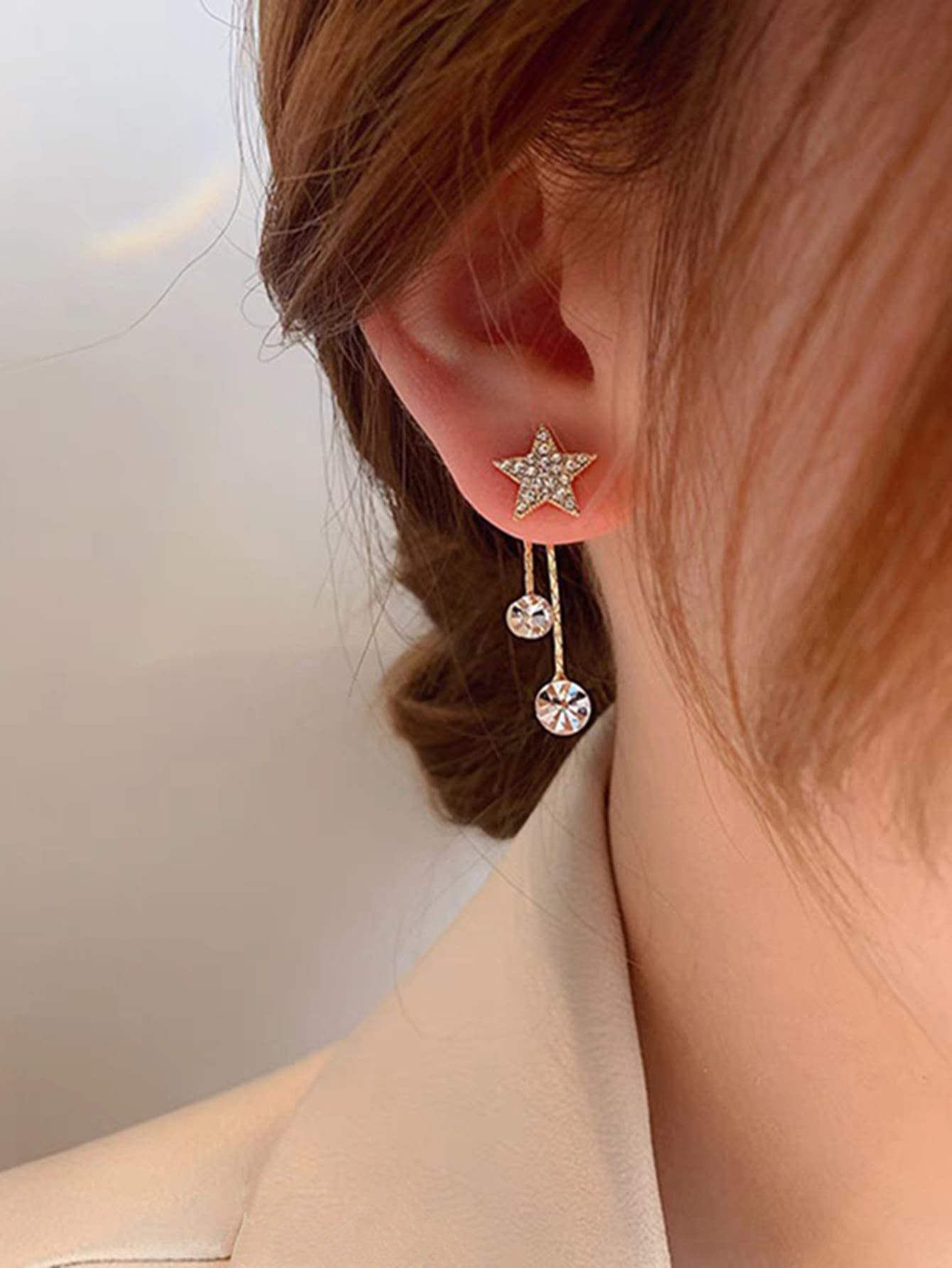 Star Detail Cubic Zirconia Drop Earrings - Yellow Gold - View 1